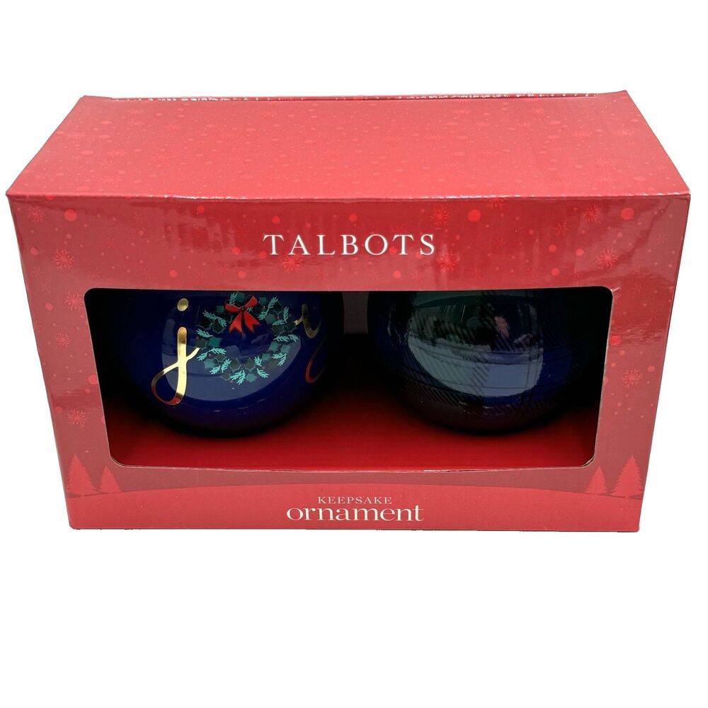 Christmas Joy  & Blue Plaid Talbots Ornaments Set of 2 New in Box Classic